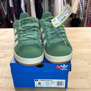 adidas Green Suede Campus Sneakers with White Stripes